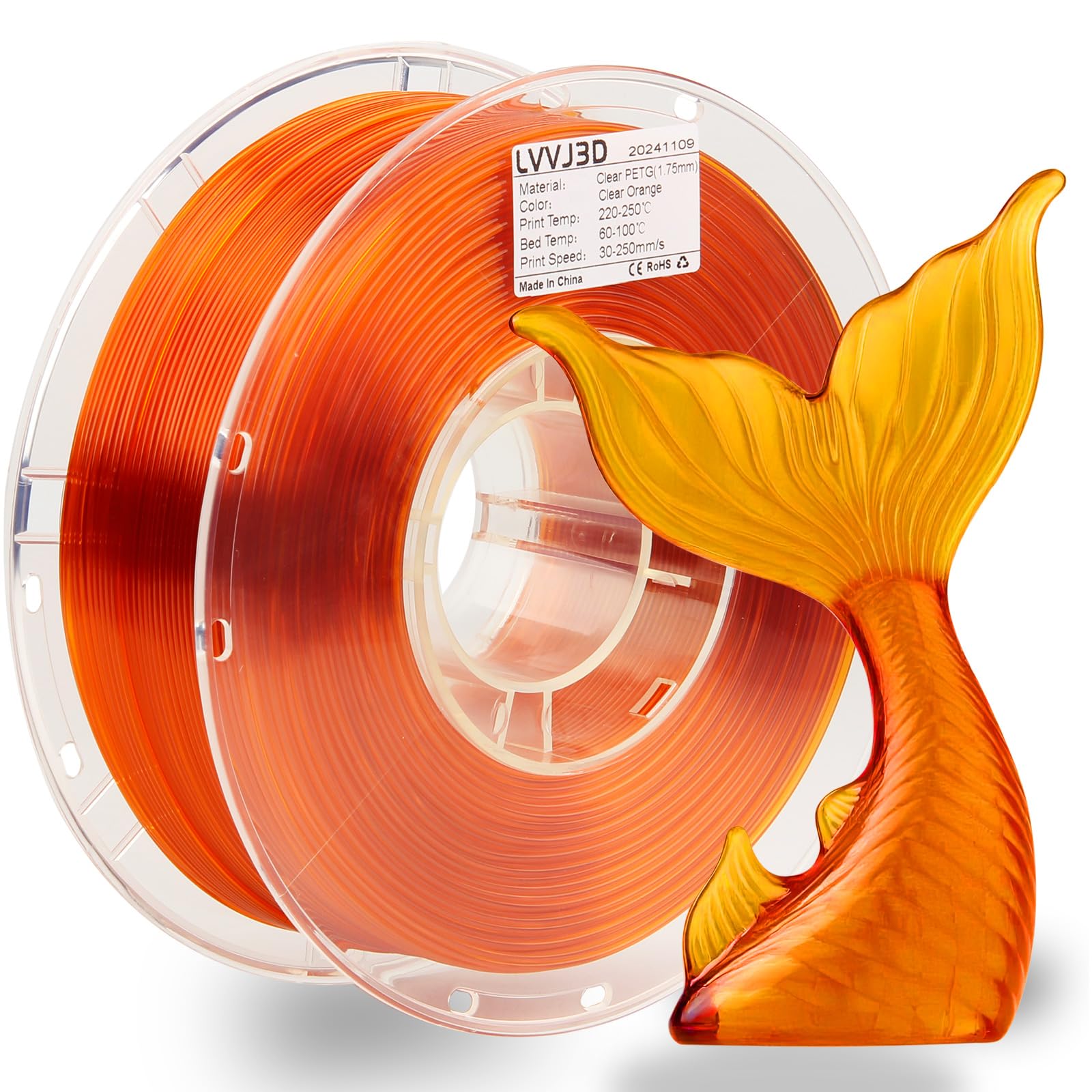 LVVJ3D Transparent Orange PETG Filament 1.75mm– High-Toughness PETG 3D Printer Filament, Dimensional Accuracy +/- 0.03mm, FDM Printer Compatible, Clear Orange 1kg/Spule