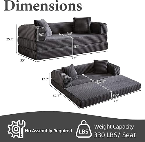 Miniatura 2 de Sofá cama plegable convertible 4 en 1, sofá cama plegable con marco de forma fija, sofá plegable de pana nube para sala de estar y dormitorio (81