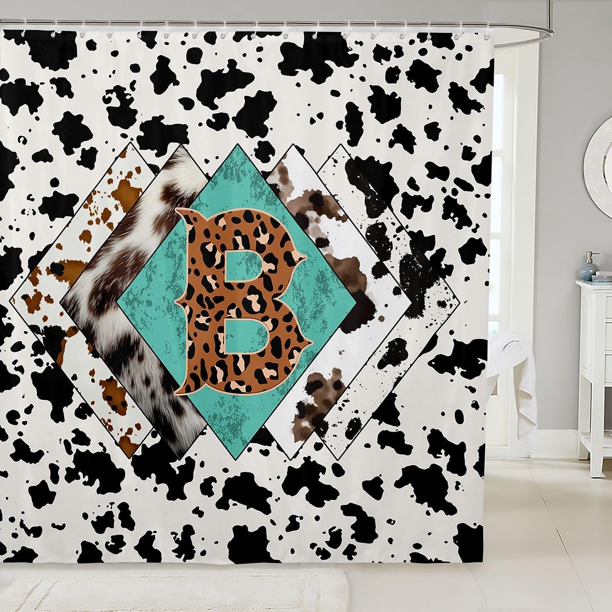 Rideau de douche lettre B taille L léopard monogramme alphabet imprimé cuir de vache rideau de bain pour adultes style cowboy occidental rideaux de bain imperméables avec 12 crochets pour baignoire
