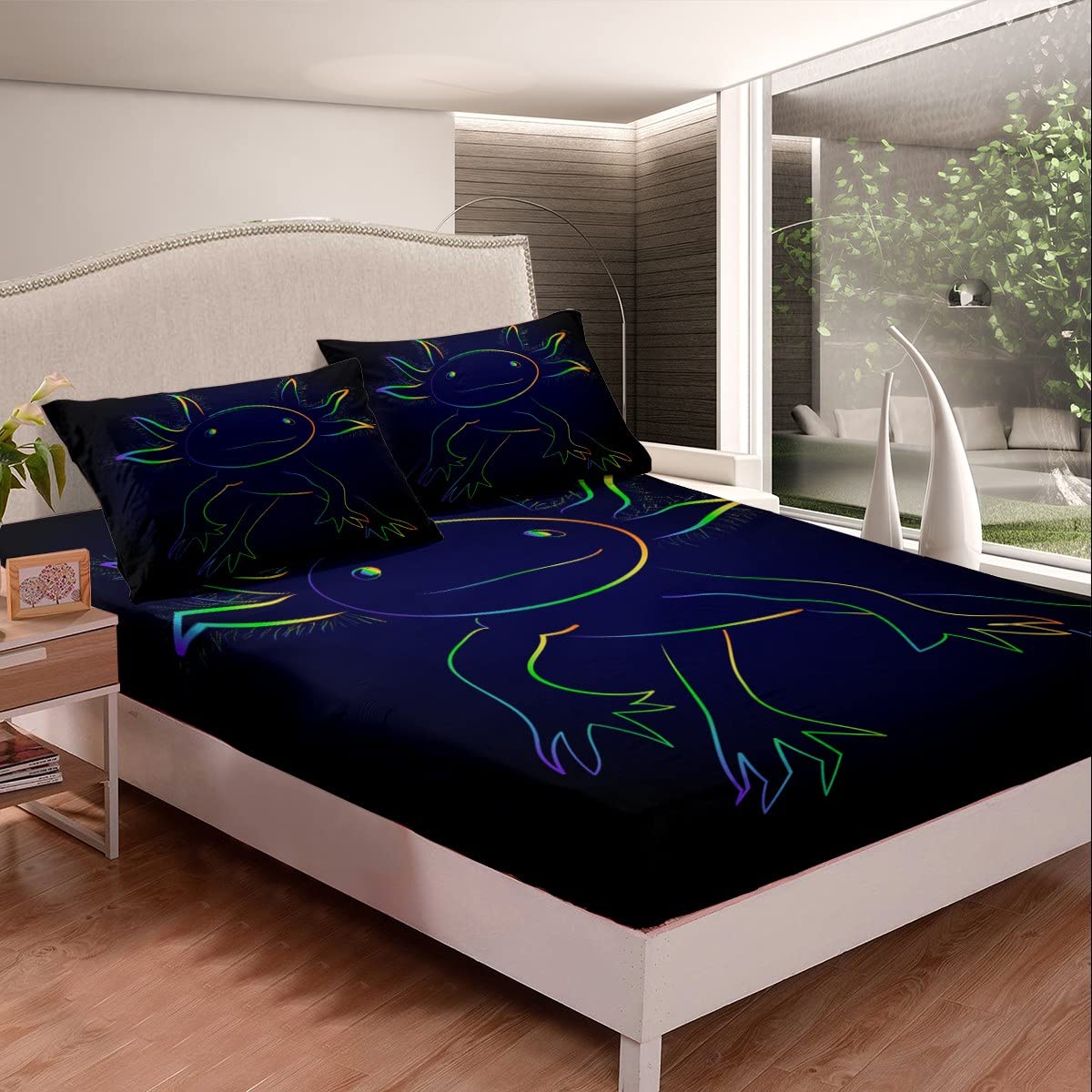 Cute Axolotl Bed Sheet Set Cartoon Salamander Bedding Sheets for Kids Boys Girls Black Axolotl Bedding Fitted Sheet Ocean Sealife Bed Sheet Set Single Size - Image 2