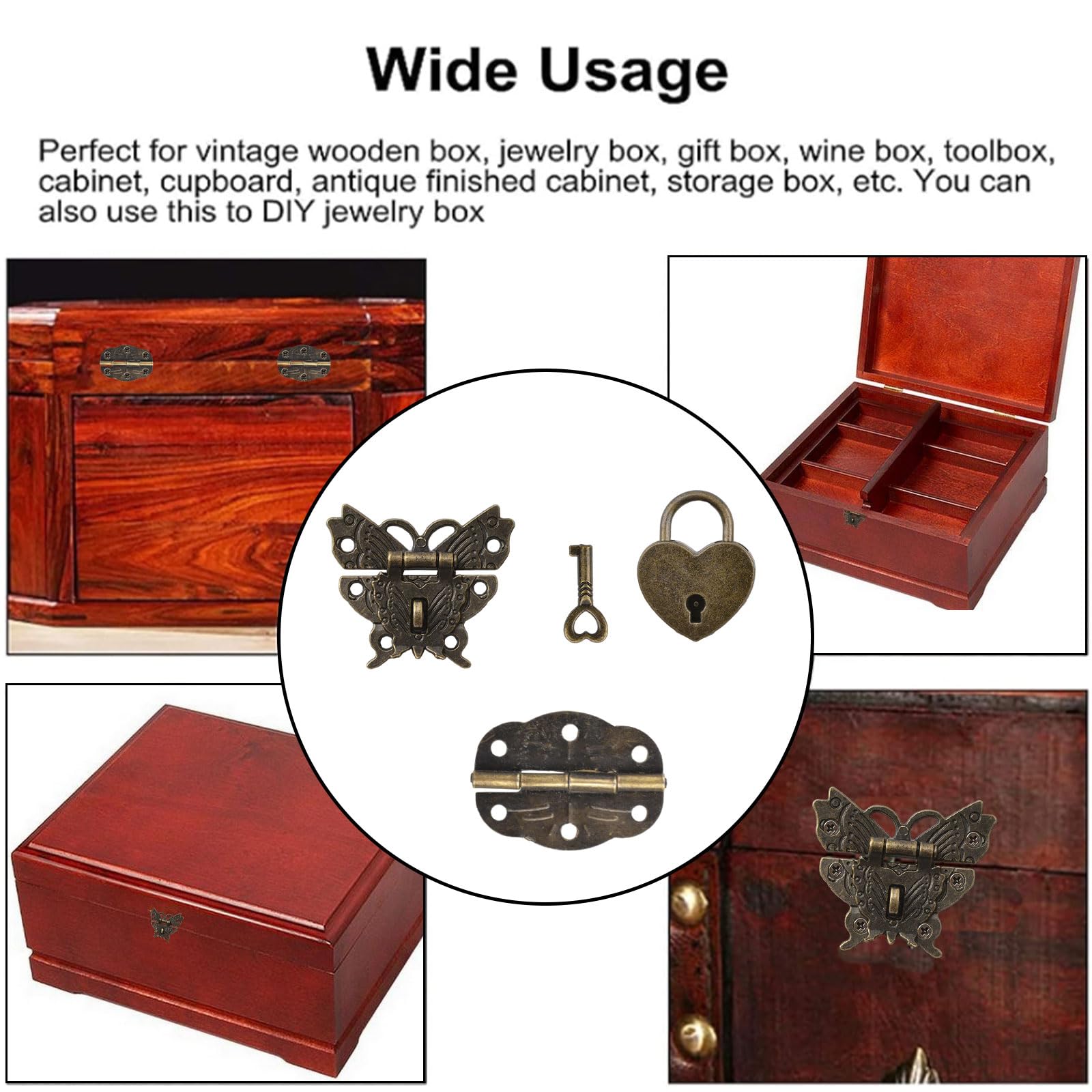 MOROBOR Antique Jewelry Box Butterfly Antique Lock Latch Hasp Box Hinges Heart Padlocks with Key for DIY Jewelry Box Wood Case Jewelry Chest Storage Box 2 Sets 8 PCS Box not Included - Image 4