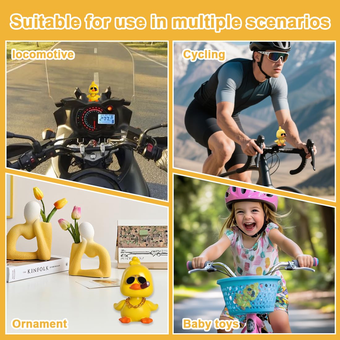 Anatra Gialla Paperella di Gomma per Auto con Occhiali da Sole e Catena d'Oro Decorazione Bicicletta
