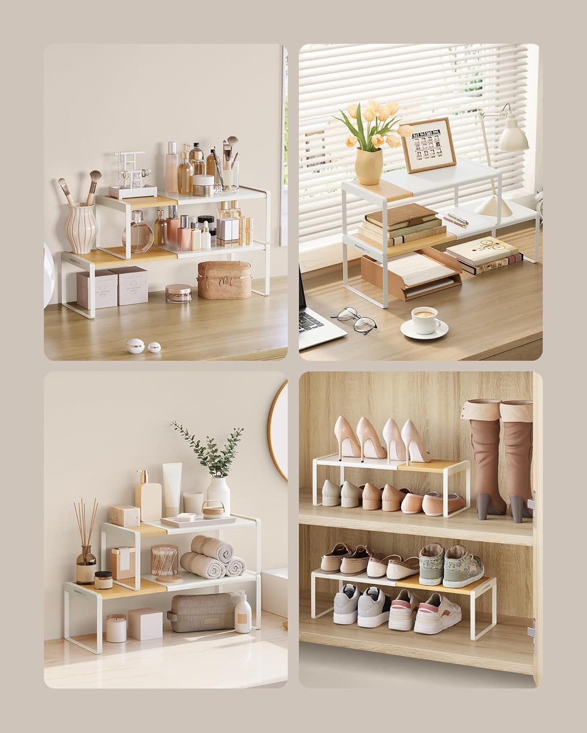 SONGMICS HOME Spice Rack, Set of 2, Extendable Kitchen Organiser, Kitchen Shelf, Cupboard Organiser, Spice Holder, Kitchen, Small Shelf, Stackable, Table Organiser, Natural Beige/Cream White KCS051N01