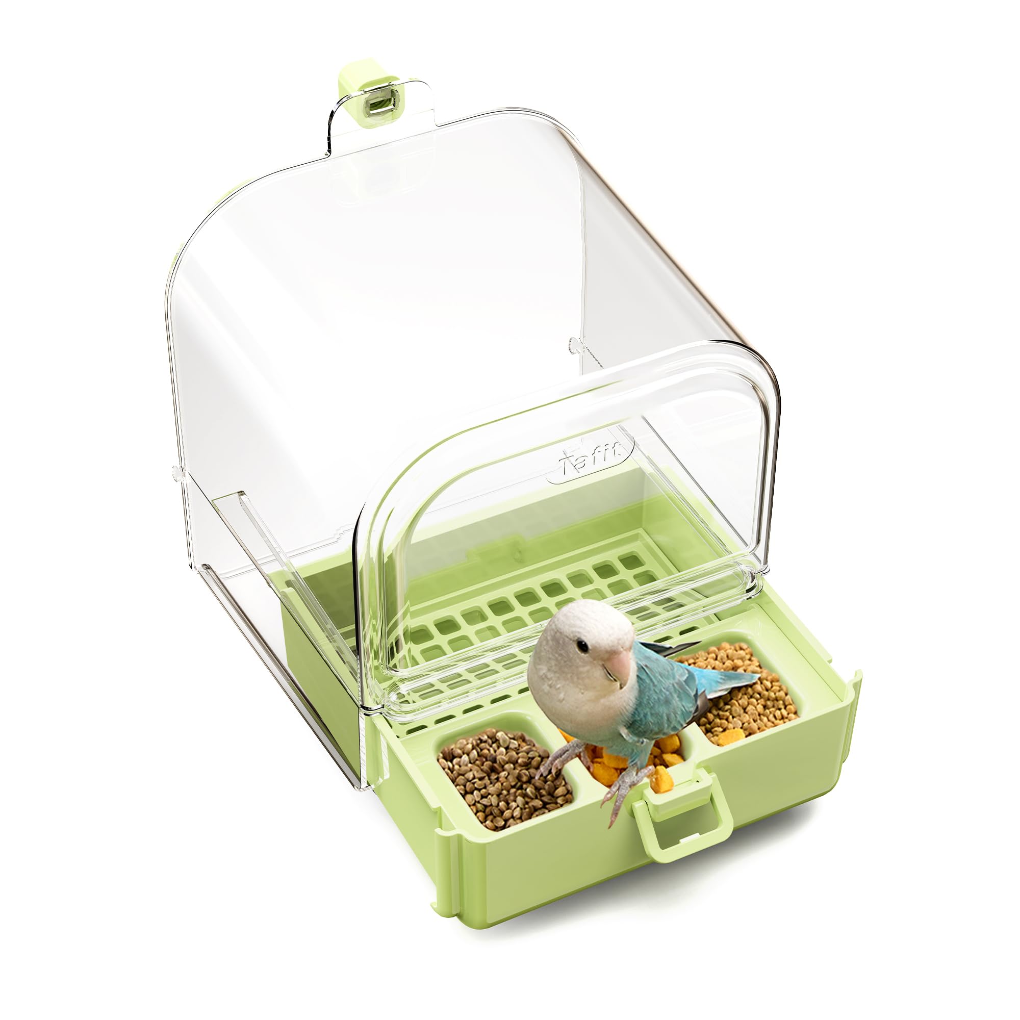 tafit Hanging Bird Bath for Cage with Bowls & Mesh Bottom - 3-in-1 Multifunction Bird Bath/Bowl/House, Bird Shower for Lovebirds, Finches, Parakeets, Budgies, and Other Small to Medium Birds - Green