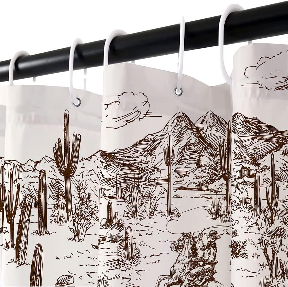 Western Cowboy Shower Curtain, Farmhouse Country Cactus Shower Curtain for Bathroom American Wild West Cowboy Riding Horse in Desert, Waterproof Fabric with Hooks, 72" W X 84" L
