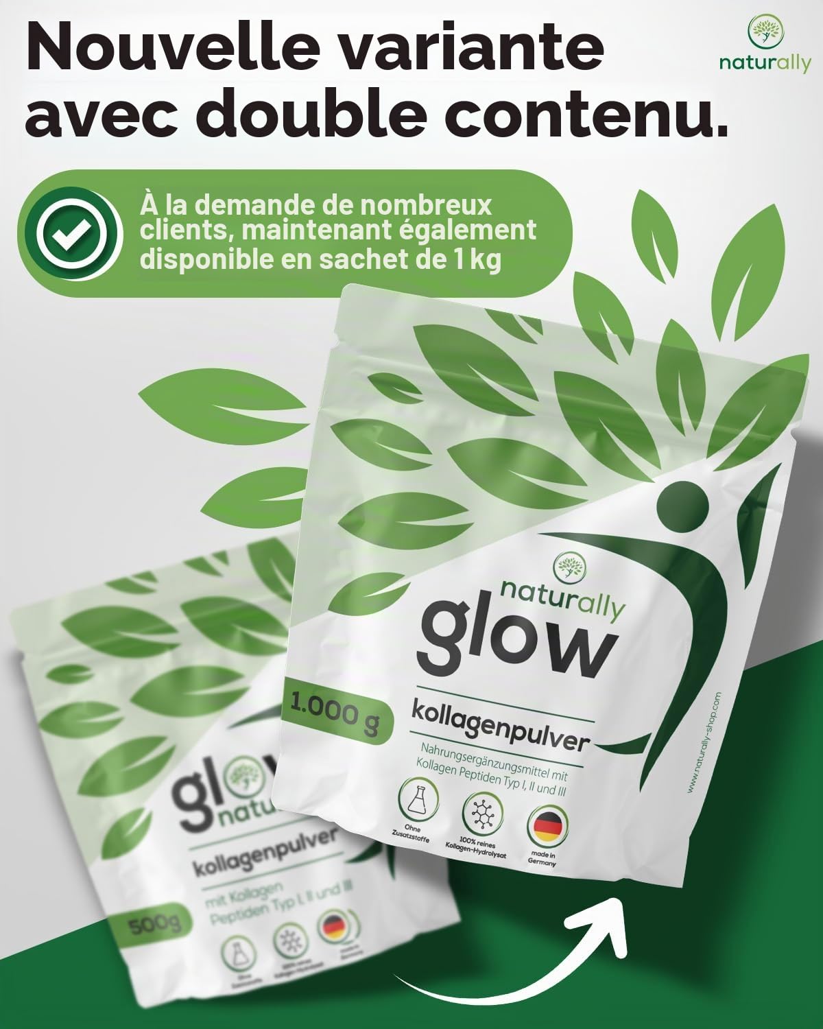 naturally Glow Collagène en poudre 1 kg - Peptides de collagène de bovin hydrolysé | Sans goût et soluble, peptides de collagène de type I, II, III, ~66 portions, poudre de collagène de qualité supérieure