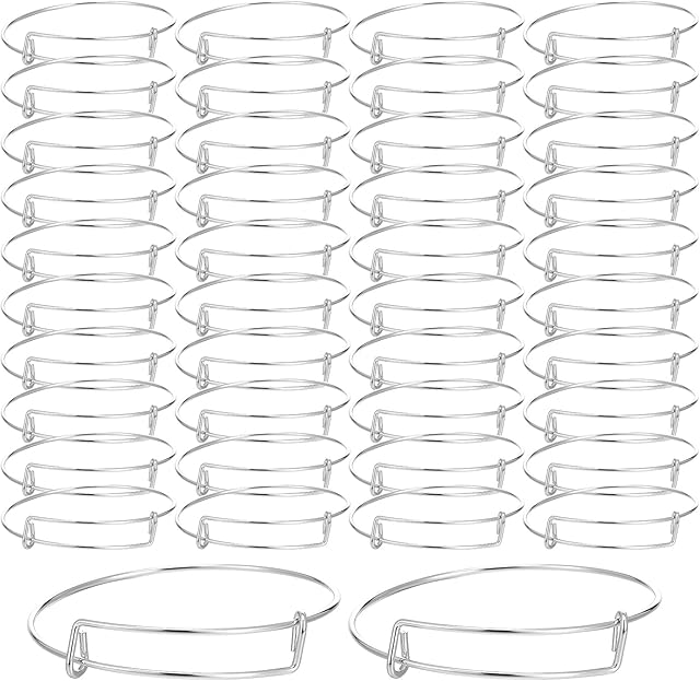 DIVINA VITAE 120 Pcs Charm Bracelet Bulk Expandable Blank Bangle Bracelets Silver Bangle Charm Bracelet Stainless Steel Adjustable Wire Bracelets for Jewelry Making Gift Crafts, 2.6 Inches