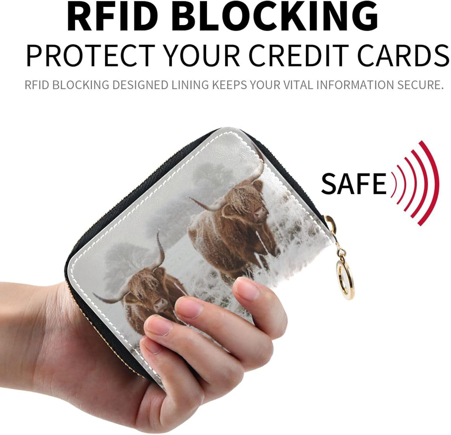 RFID Credit Card Holder Scottish Highland Cow Leather With Zipper Card Case Wallet for Women Girls - Image 2
