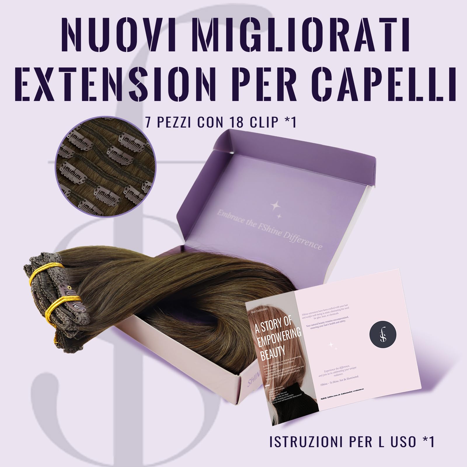 Fshine Extension Capelli Veri Clip 40 cm 120 g 7 pcs Marrone Cioccolato Lisci Umani Remy Naturali Invisibile