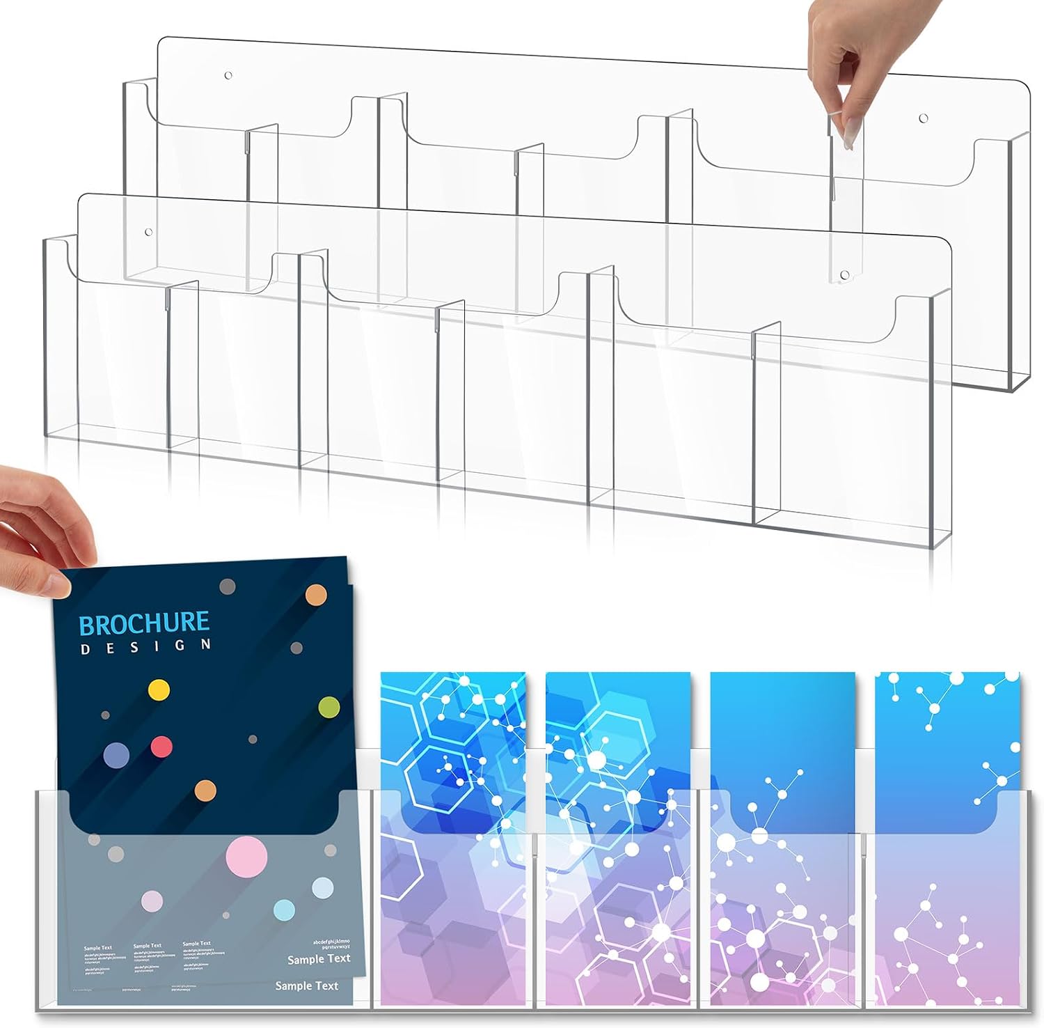 Sherr Acrylic Brochure Holder Wall Mount with Removable Adjustable Dividers, 6/ 3 Pockets Large Capacity Literature Display Stand for 4''x 9'',8.5''x11'' Pamphlets, 26.7''x7'' for Office Hotel Lobby