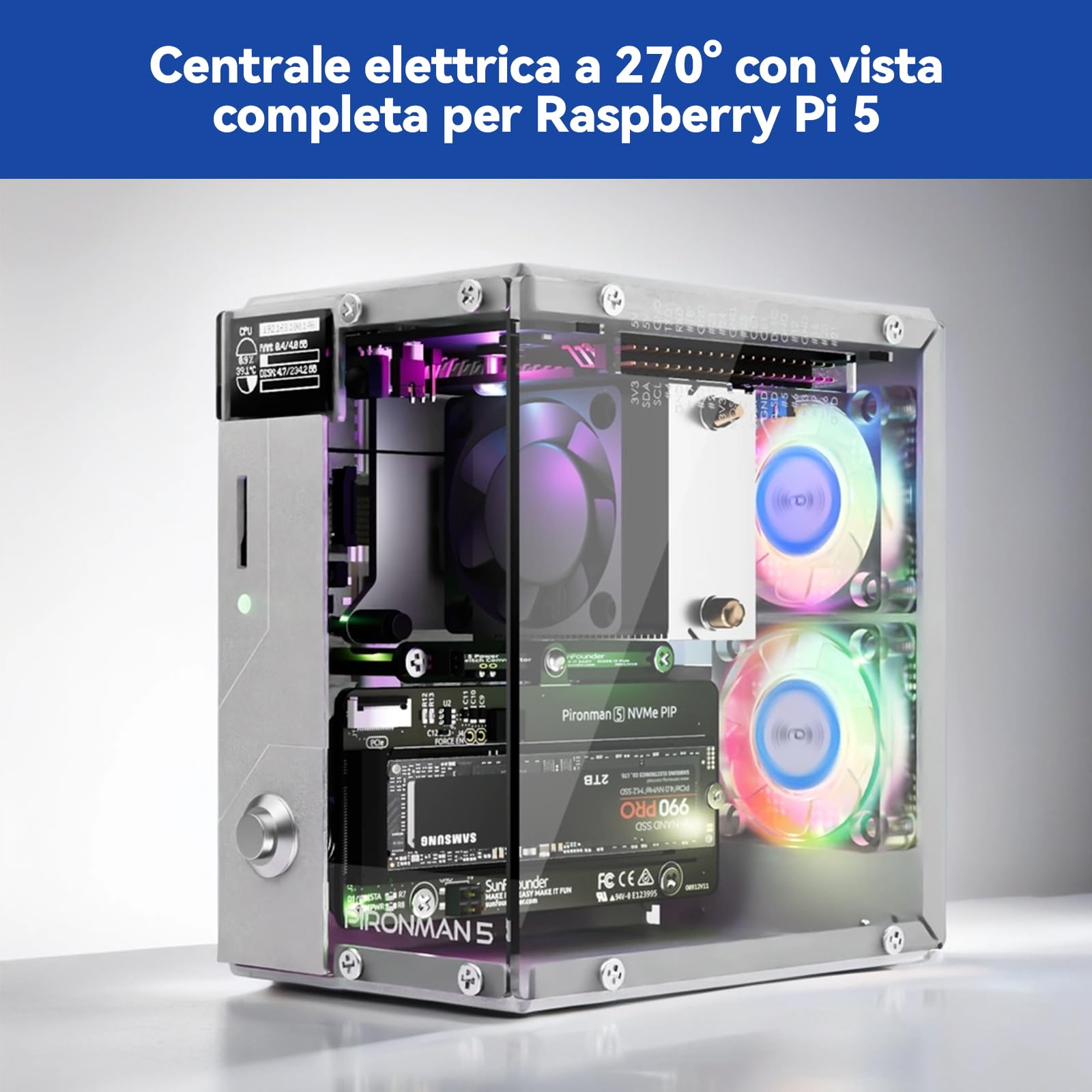 Pironman 5 case Mini PC NVMe M.2 SSD PCIe 2.0/3.0 per Raspberry Pi 5 Hailo-8L, agente AI OpenClaw, dissipatore tower + doppie ventole RGB, modulo OLED 0,96", spegnimento sicuro, HDMI, effetto RGB