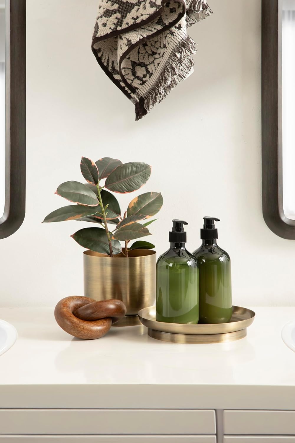 Kate and Laurel Anaya Wooden Three-Piece Decor Accent Set, Walnut Brown and Antique Brass, Set of 3, Modern Tabletop Decor Set Including Planter Pot, Accent Tray, and Wooden Knot