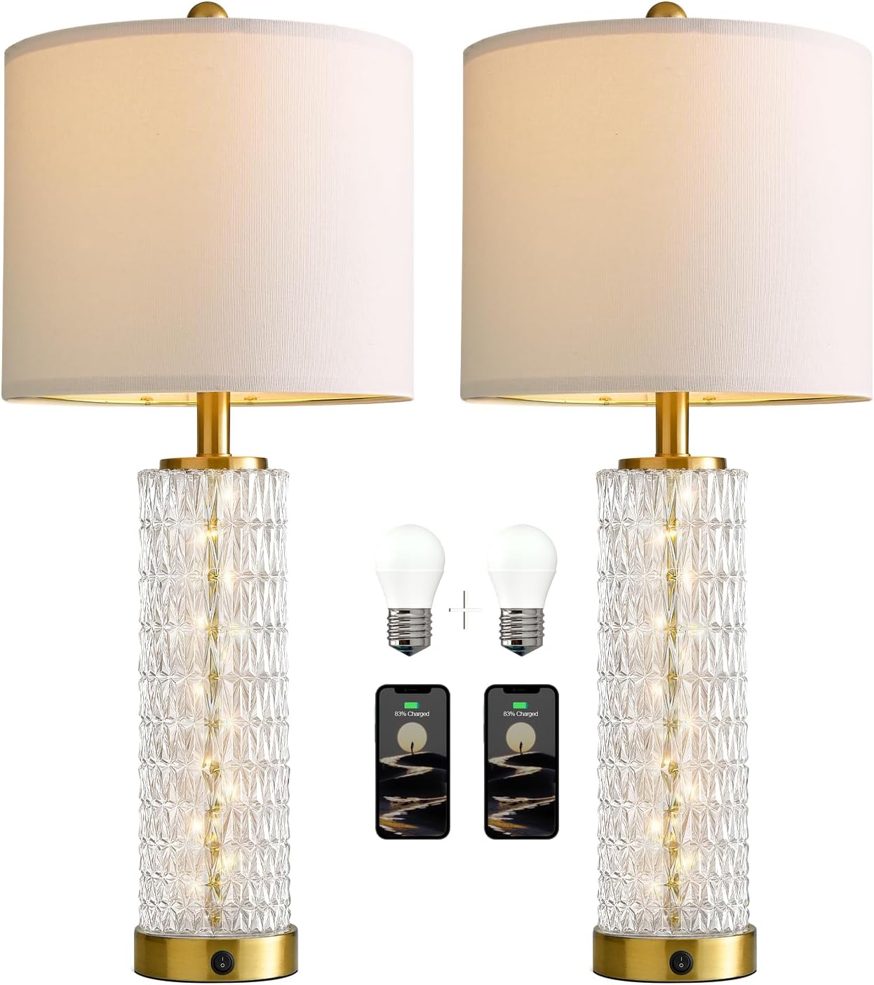 Oneach 27.75” Table Lamps Set of 2, Gold Modern Bedside Lamp with LED Night Light, USB A C, Glass Lamps for Living Room, Bedroom, Nightstand, Office, End Table (2 Bulbs Included)