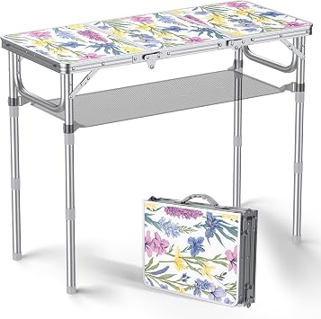 Anbte 3ft Folding Camping Table with Storage Net & bag, 3 Adjustable Height Max 27.5" Outdoor Folding Table Lightweight, Portable Handle for Outdoor Indoor Camping Beach RV Picnic, Blooming Floral