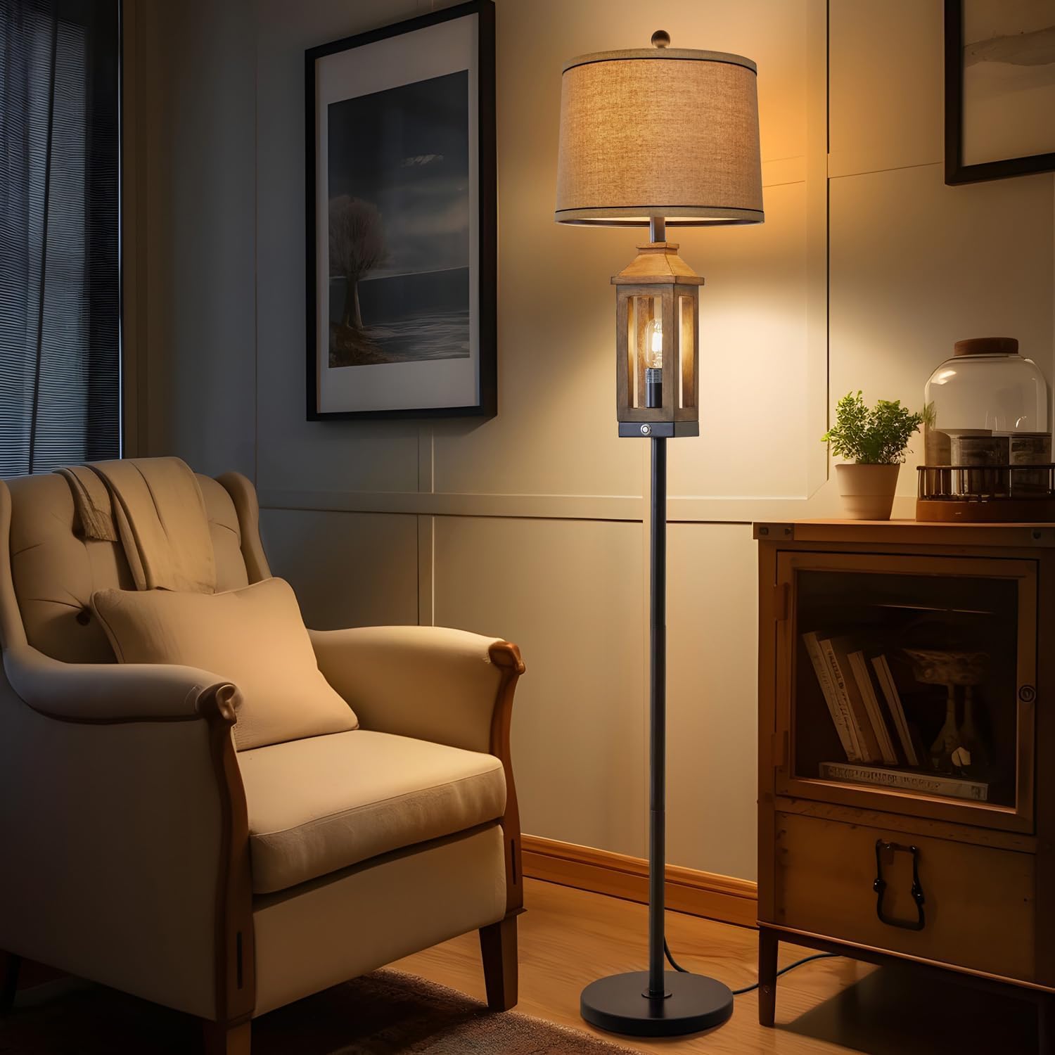G-SAFAVA 63" Farmhouse Floor Lamps for Living Room Bedside Nightstand Lamp Black Tall Standing Lamp for Home Decor Bedroom Reading Wood Lamp Rustic Bed Lights with 2 Light Sources