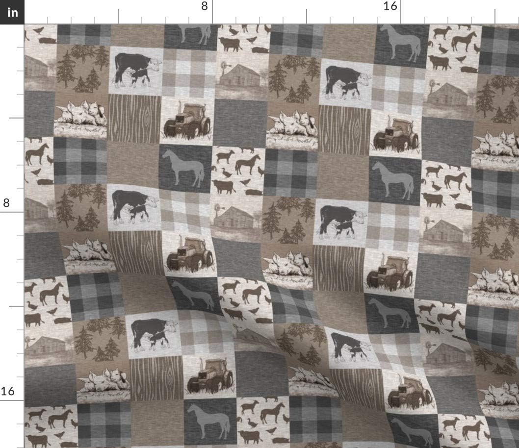 Spoonflower Fabric - Old Farm Quilt Soft Brown Grey Cows Tractor Printed on Petal Signature Cotton Fabric by The Yard - Sewing Quilting Apparel Crafts Decor