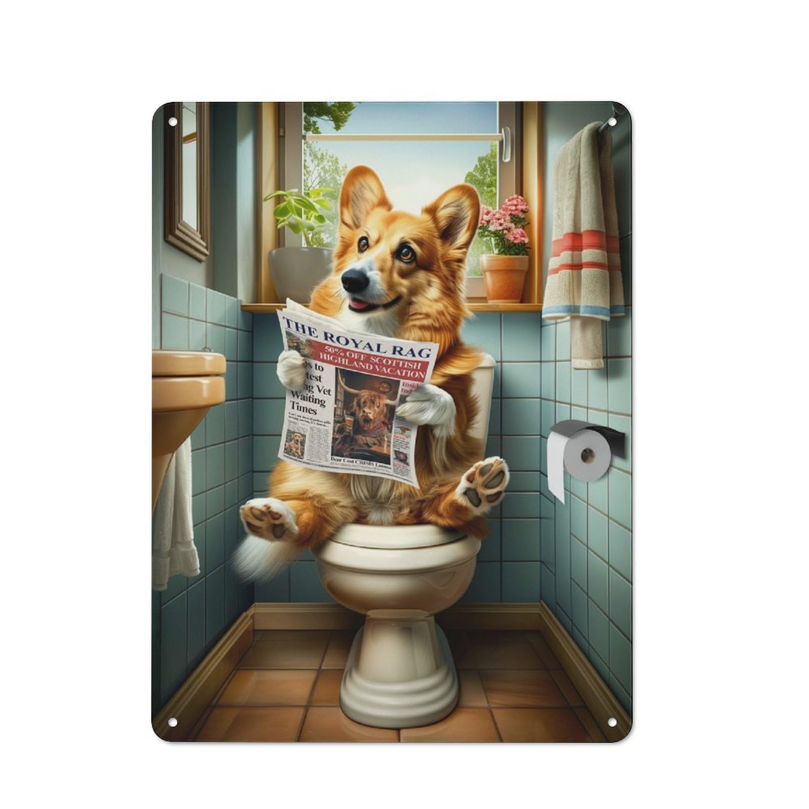 Junmoney Corgi In The Bathroom Vintage Tin Sign 40X30cm With For Kitchen Or Home Bar, For Retro Home Interiors, For Cafés, Pubs And Restaurants