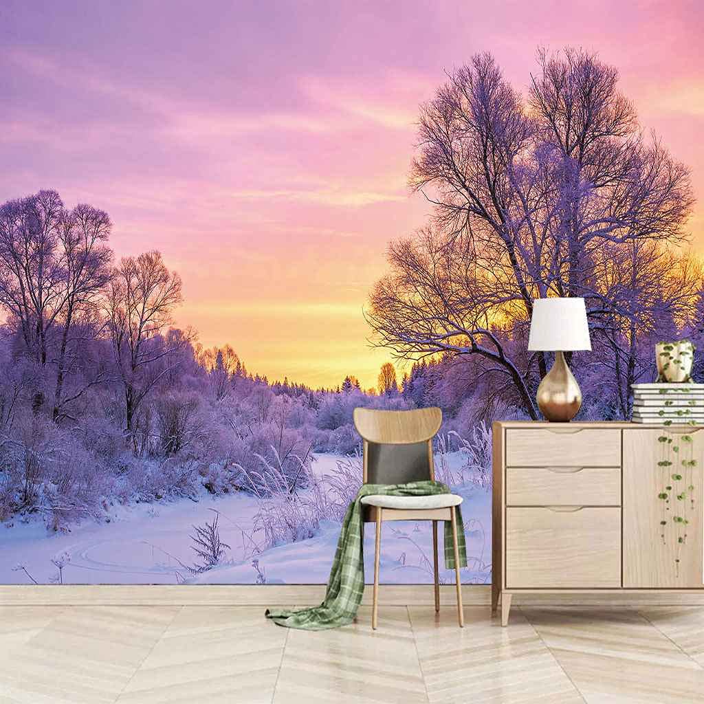 Photo papier peint haut de gamme coucher du soleil scène de neige 3D en toile autocollante