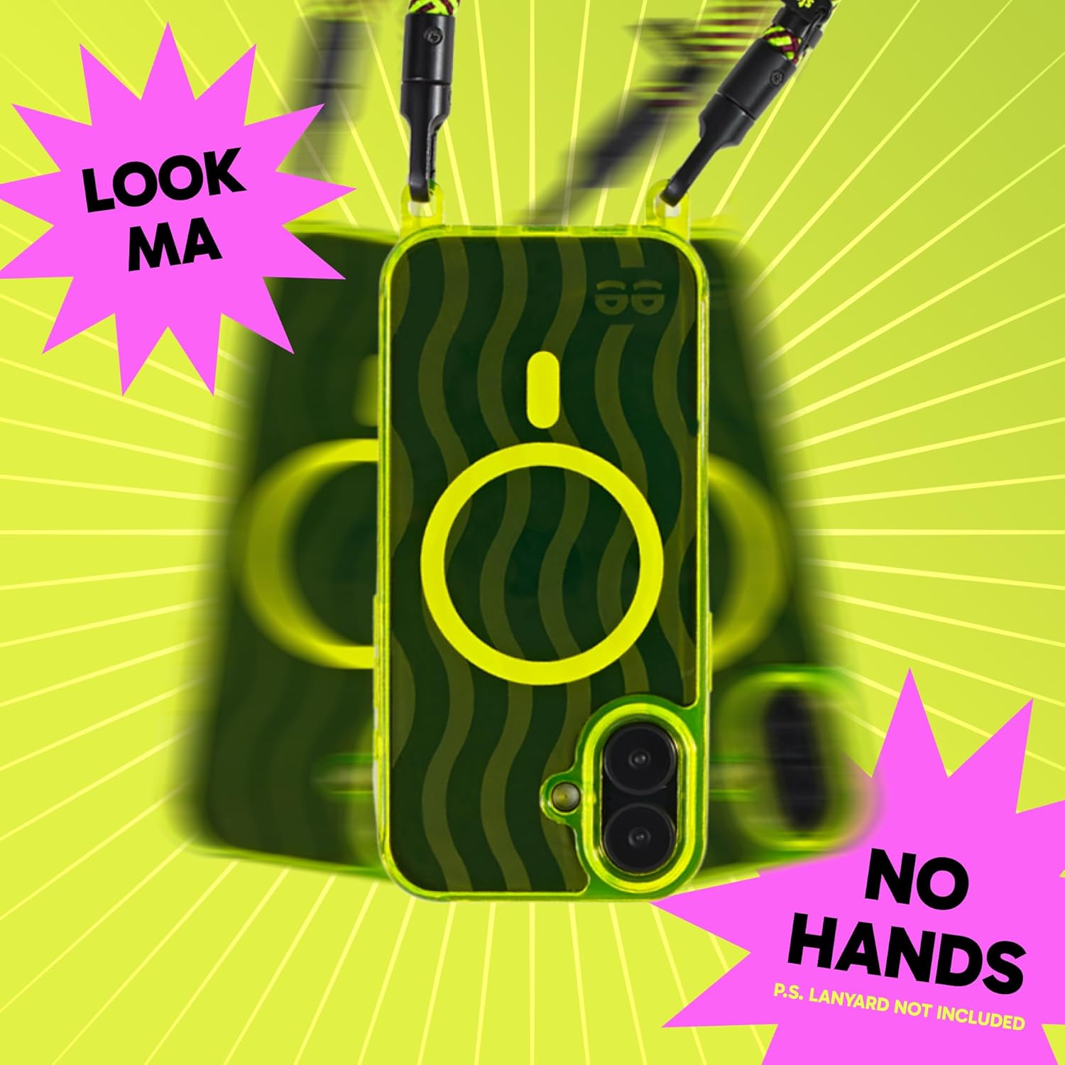 SteepLab Freehand Case for iPhone 17 - Sling Phone Case w/Removable Lanyard Hooks, Compatible with MagSafe and Shockproof Protection (Hi-Energy Neon Yellow: Edgy)