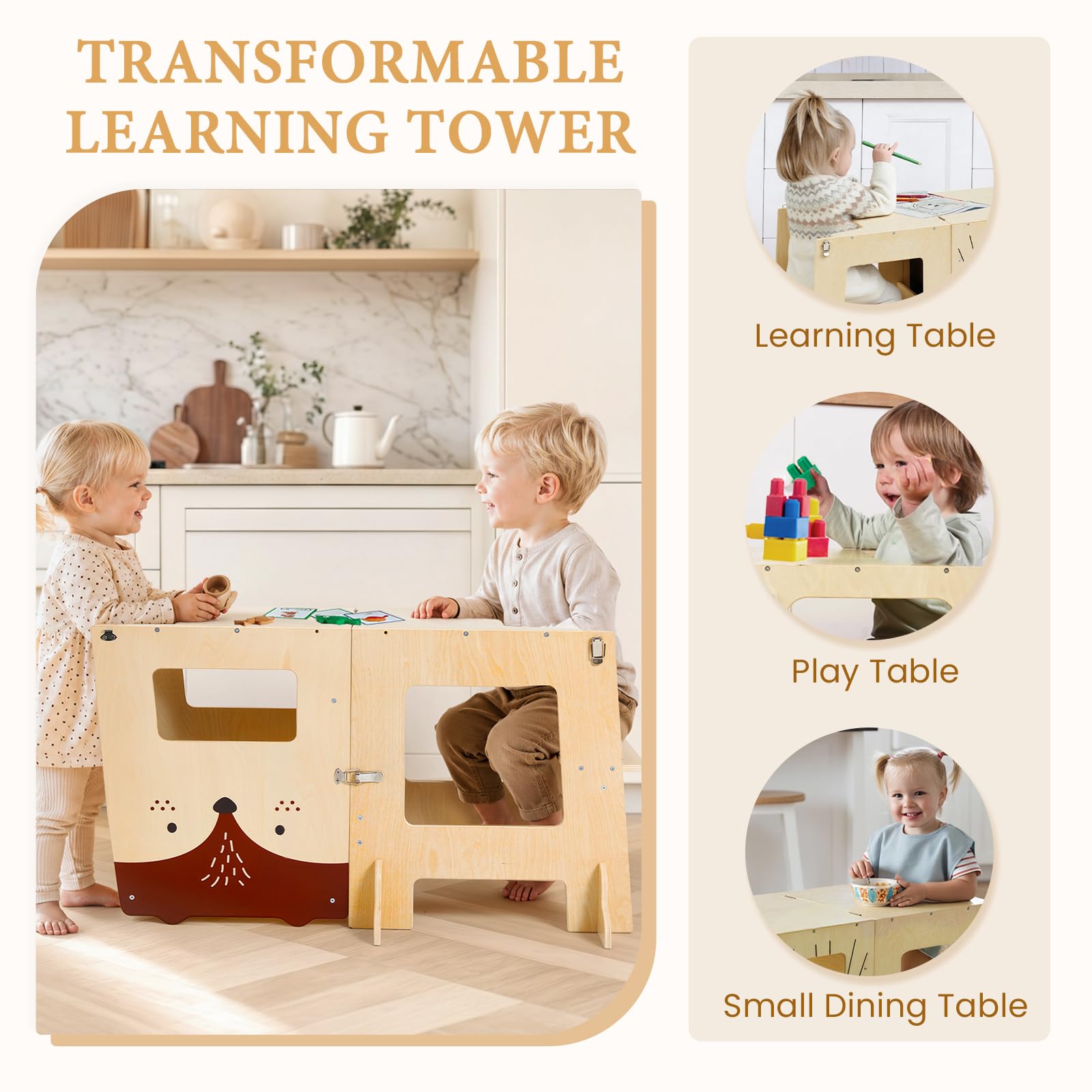 labebe Lernturm ab 1 Jahr， klappbar Montessori Learning Tower | 3 in 1 Montessori Lernturm Kinder mit Message Boards ab 1 Jahr aus Holzwerkstoff