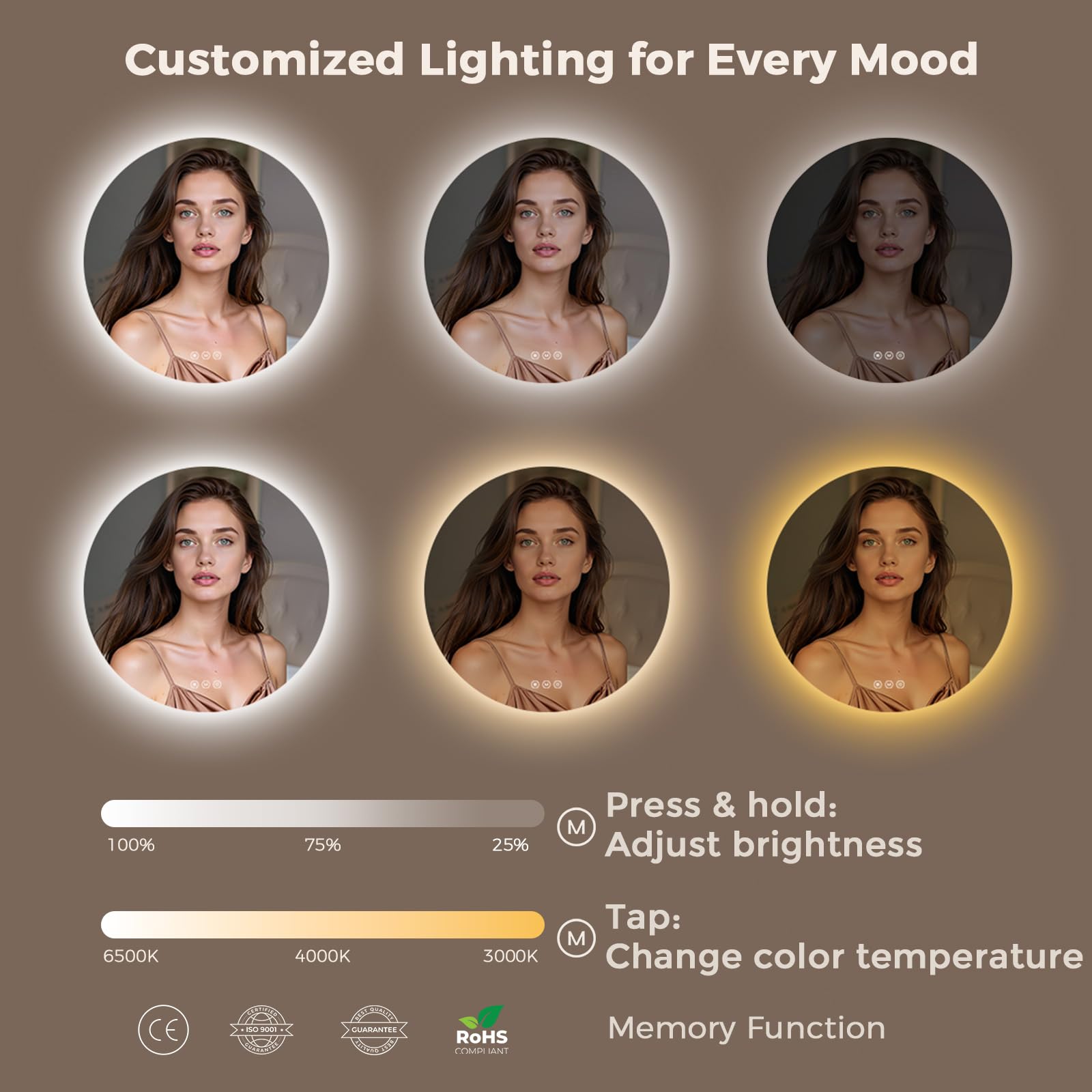 Lustro łazienkowe LED 80 cm okrągłe S'AFIELINA, lustro z LED do łazienki, lustro łazienkowe z oświetleniem LED, antypara, ściemniane, 3 barwy światła, pamięć, IP65