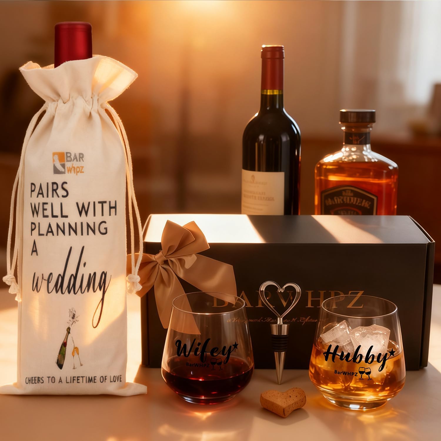 Dishwasher-Safe Non-Fading Hubby & Wifey Wine Glasses Set with Wine Stopper, Gift Bag & Card, Wedding Engagement & Anniversary Present for Couples valentine