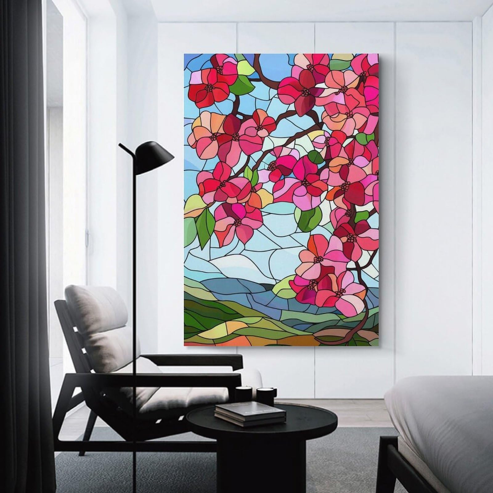 Junmoney Unframe-Style-17 Stained Glass Spring Blossoms Room Decor Wall Art, 24X36inch(60X90cm), For Bedroom, Guest Room Or Reading Nook, Home Artwork With A Soft Interior Feel
