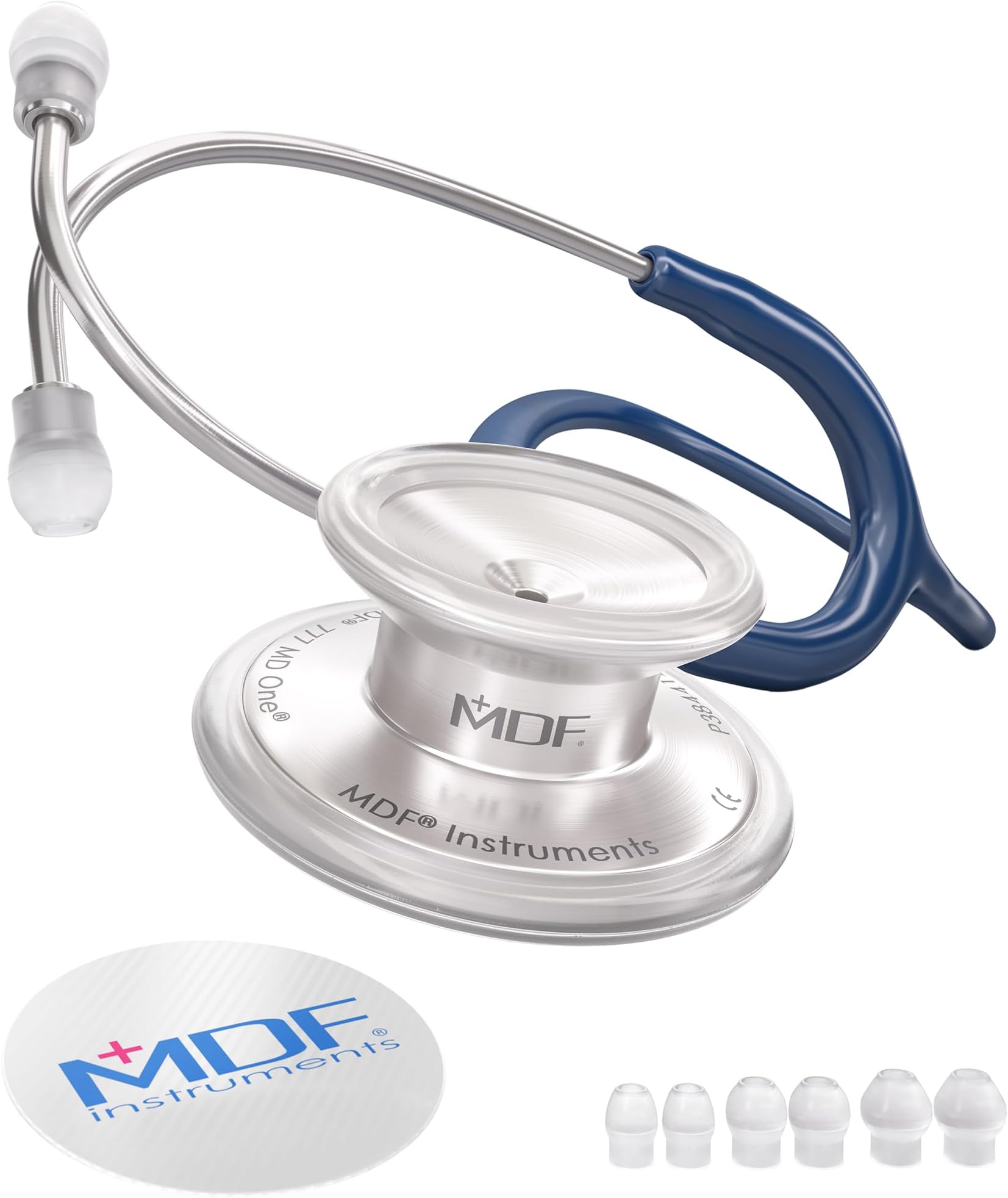 – MD One Stainless Steel Premium Dual Head Stethoscope, Adult, Navy Blue Tube, Silver Chestpieces-Headset, MDF77704