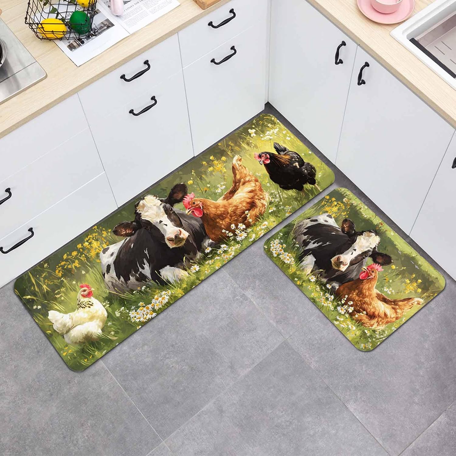Prime Leader Farmhouse Cow Chicken Kitchen Mat Set 2 Pieces Cute Animals Oil Painting Texture Rustic Farm Non Slip Kitchen Rugs Washable Runner Rug Mats for Sink Laundry (23.6" x 35.4"+23.6" x 70.9")
