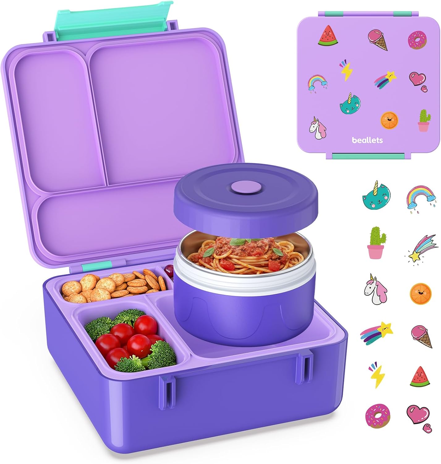 Bento Box for Kids, Lunch Box with Sticker and Leak-Proof Vacuum Food Jar, 4 Compartment BPA-Free Toddler Bento Box for School, Machine-Washable and Removable Compartments for Boy(Purple)