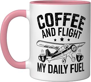Coffee And Flight My Daily Fuel Airplane Fly Aviation Plane Ceramic Mug, Pink/White