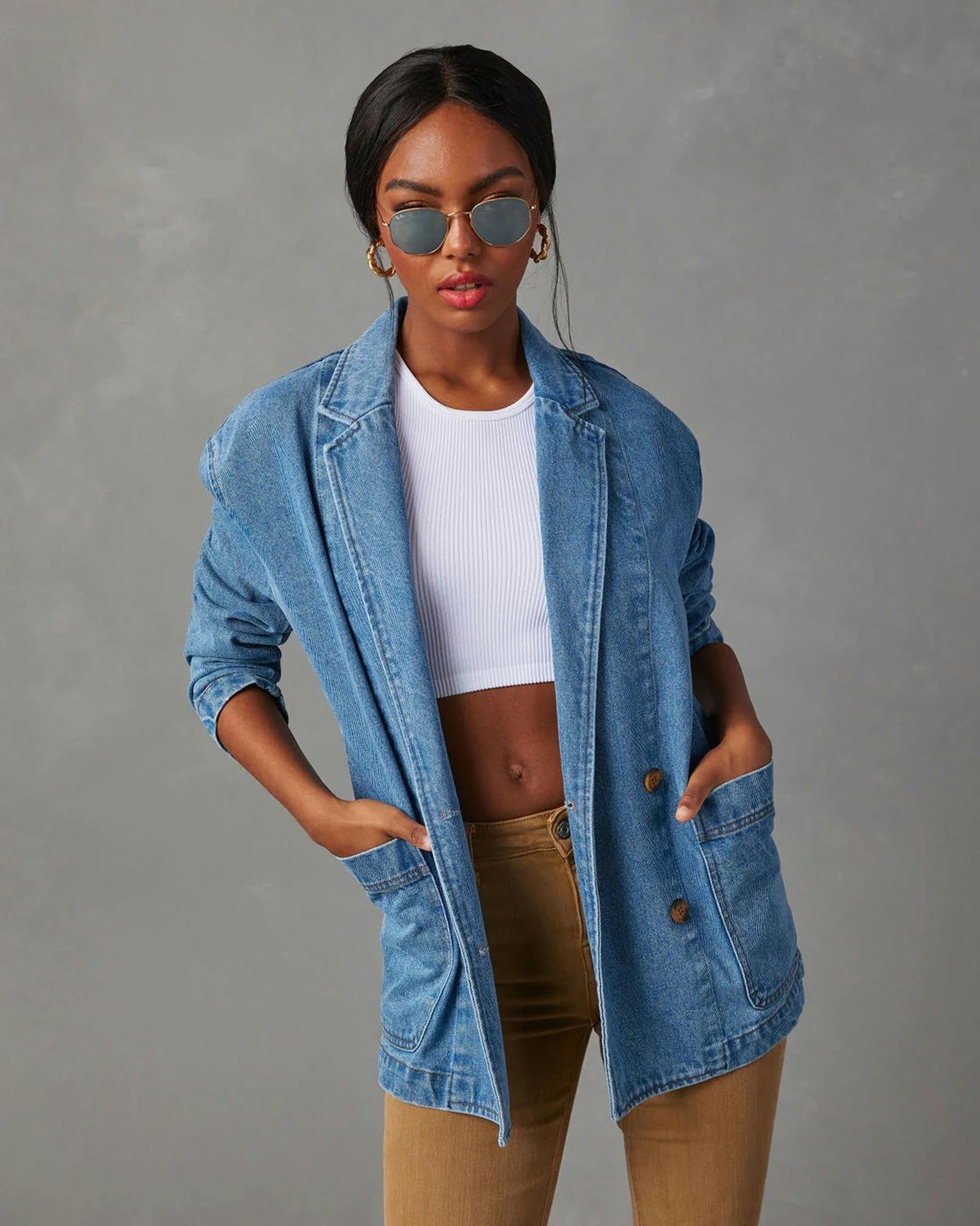 Giacca Jeans Donna Giacca di Denim per Le Donne, Manica Lunga Lapel Washed Denim Giacca delle Donne Suit Denim Giacca-Blu-XXL