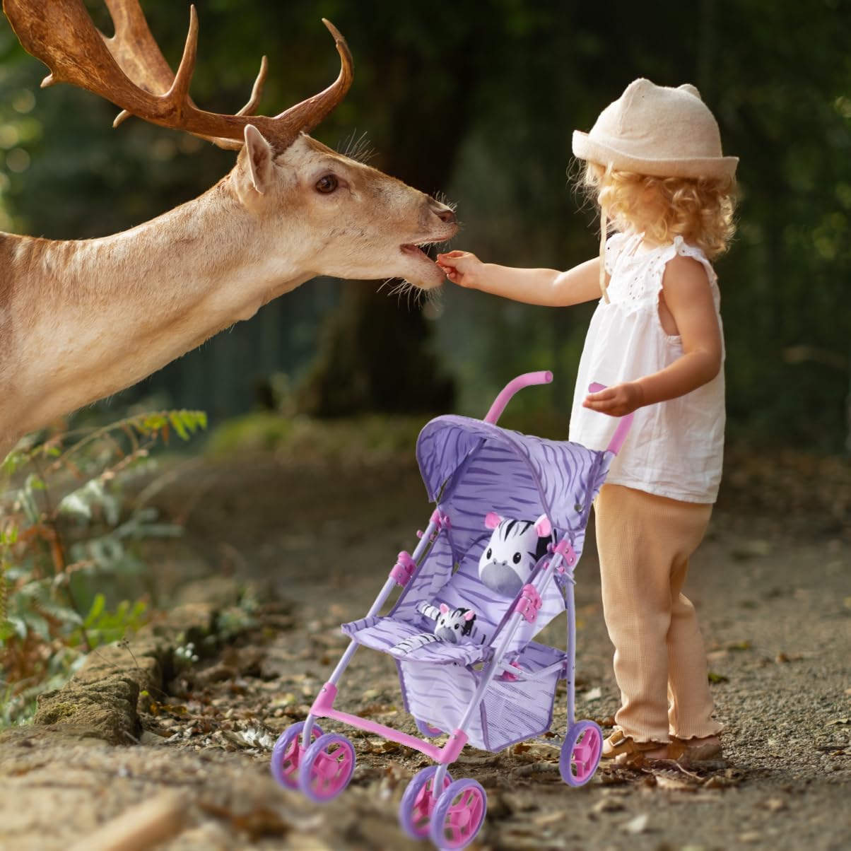 Baby Doll Stroller for Toddlers 3+, Pillow Animal Toy Baby Stoller for Dolls, Pink & Purple Folding Baby Toy Stroller for Dolls, Foldable Baby Stroller Toy for Girls, for Kids (Zebra)