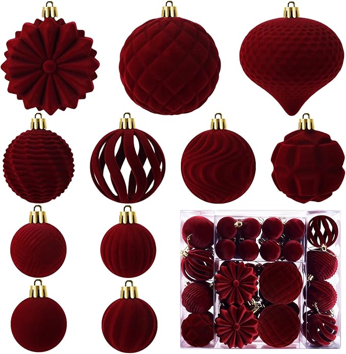 48 Pcs Velvet Christmas Ball Ornaments Set, Flocked Christmas Tree Ornaments, Shatterproof Hanging Xmas Balls Decorations for Christmas Tree Home Decor Holiday Wedding Party (Bourgogne)