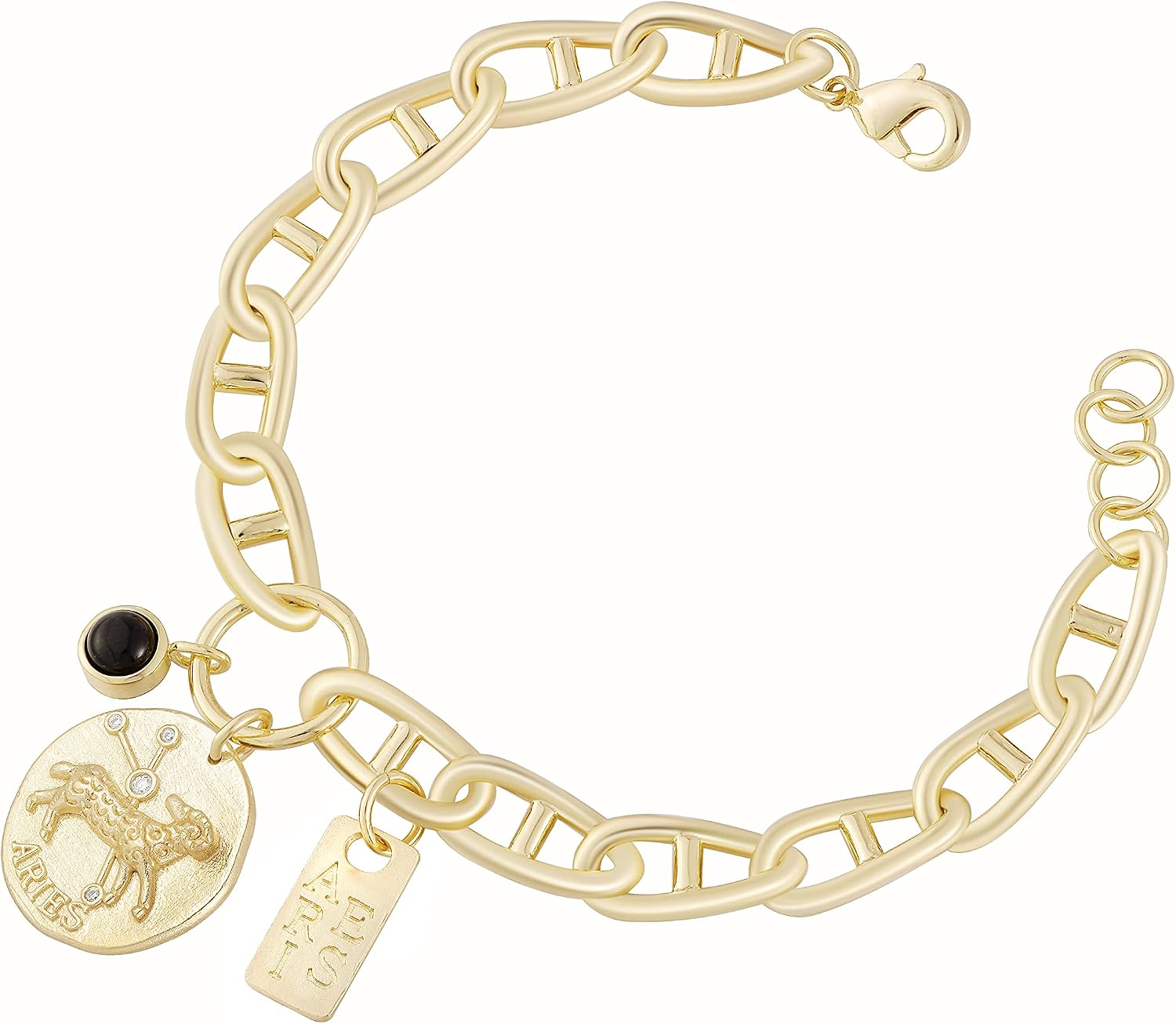Astrology Zodiac Sign Bracelet,14K Gold Plated Brass Antique Coin Pendant And Onyx Charm With 7 Inches Adjusted GICCI Chain,Perfect Gifts For Womens&Girls