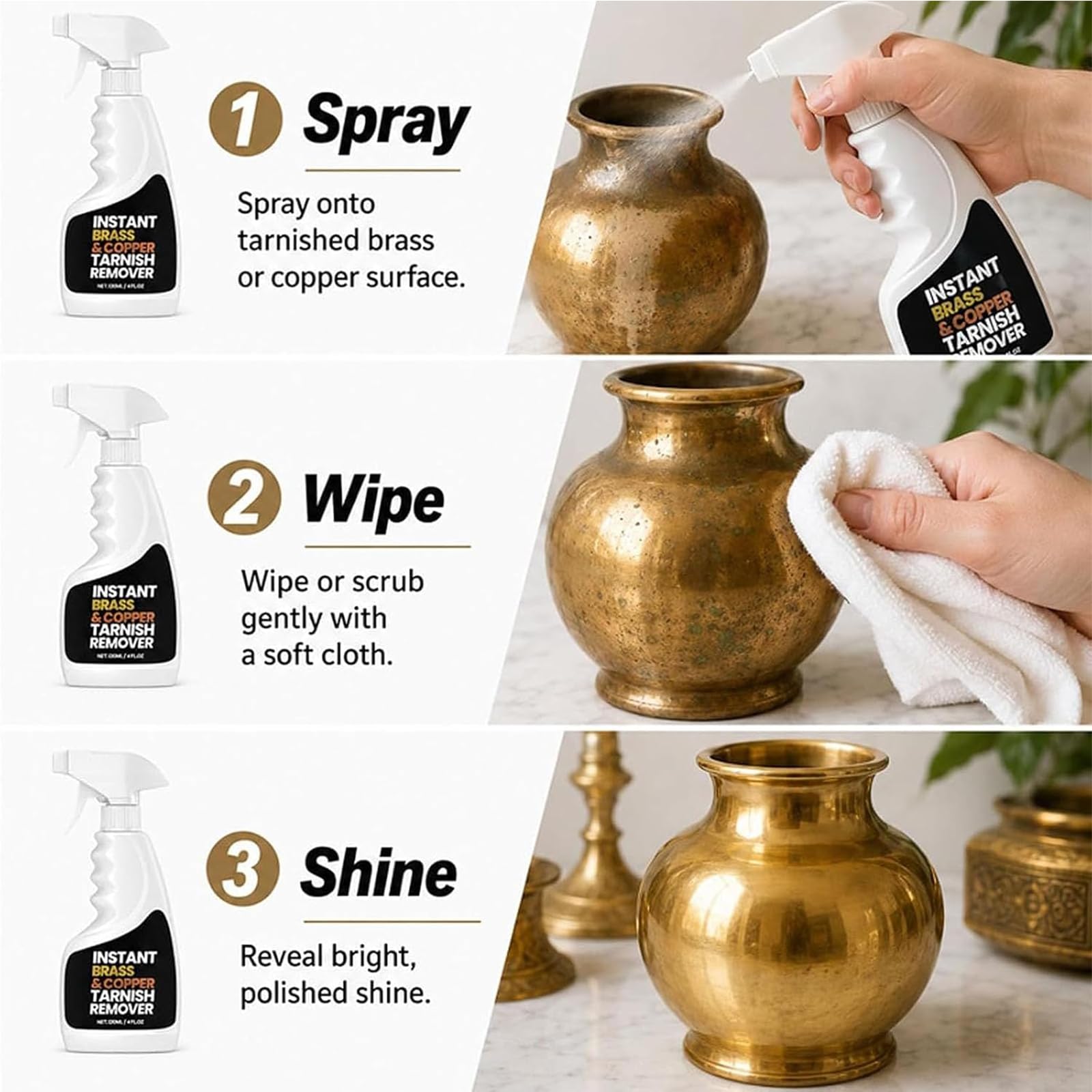Sofort Messing-Anlaufentferner Spray, Messing Reiniger Und Politur (3pcs) | 120ml Metallpolitur Sanfte Formel Für Messing, Aluminium Und Metallbeschläge