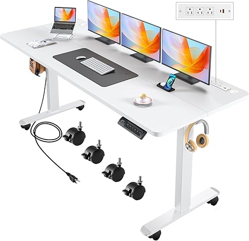 Vista 30 de Escritorio eléctrico de pie de altura ajustable, escritorio de pie de 55 x 24 pulgadas con salidas y 2 puertos USB, 4 ruedas, rango de elevación