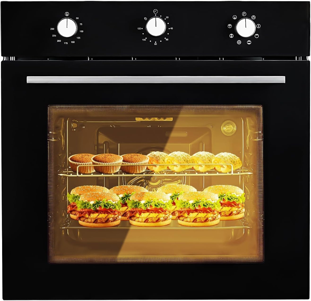 24" Single Wall Oven, 2.5 Cu.Ft Built-in Electric Single Wall Ovens with Mechanical Knobs, Double-Layered Glass Door, 5 Cooking Functions, 3000W 240V Ideal for Kitchen Oven
