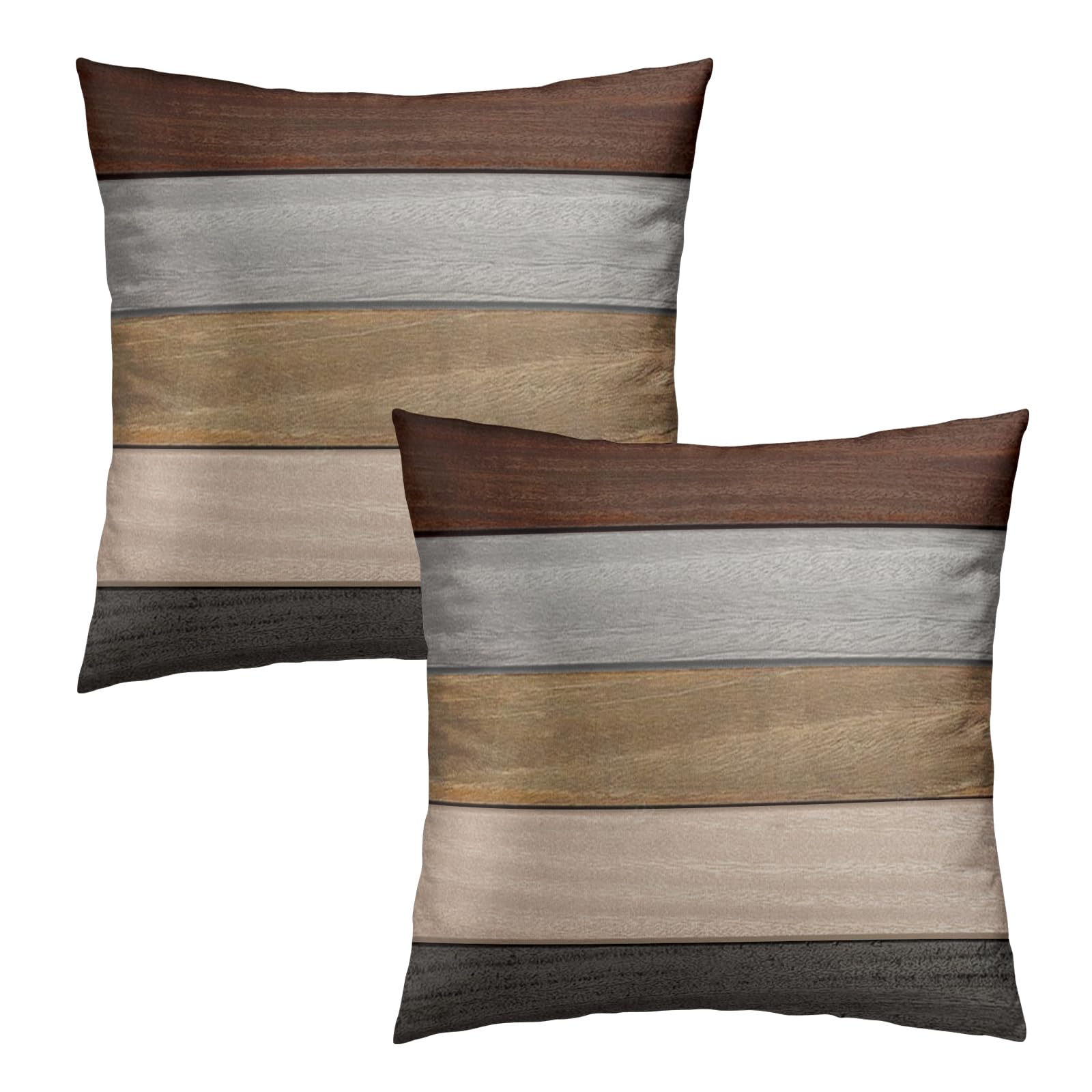 Set Of 2 Brown & Gray Striped Pillow Covers 18x18 Inches - Cotton Decorative Throw Pillow Covers For Sofa, Bed, Couch