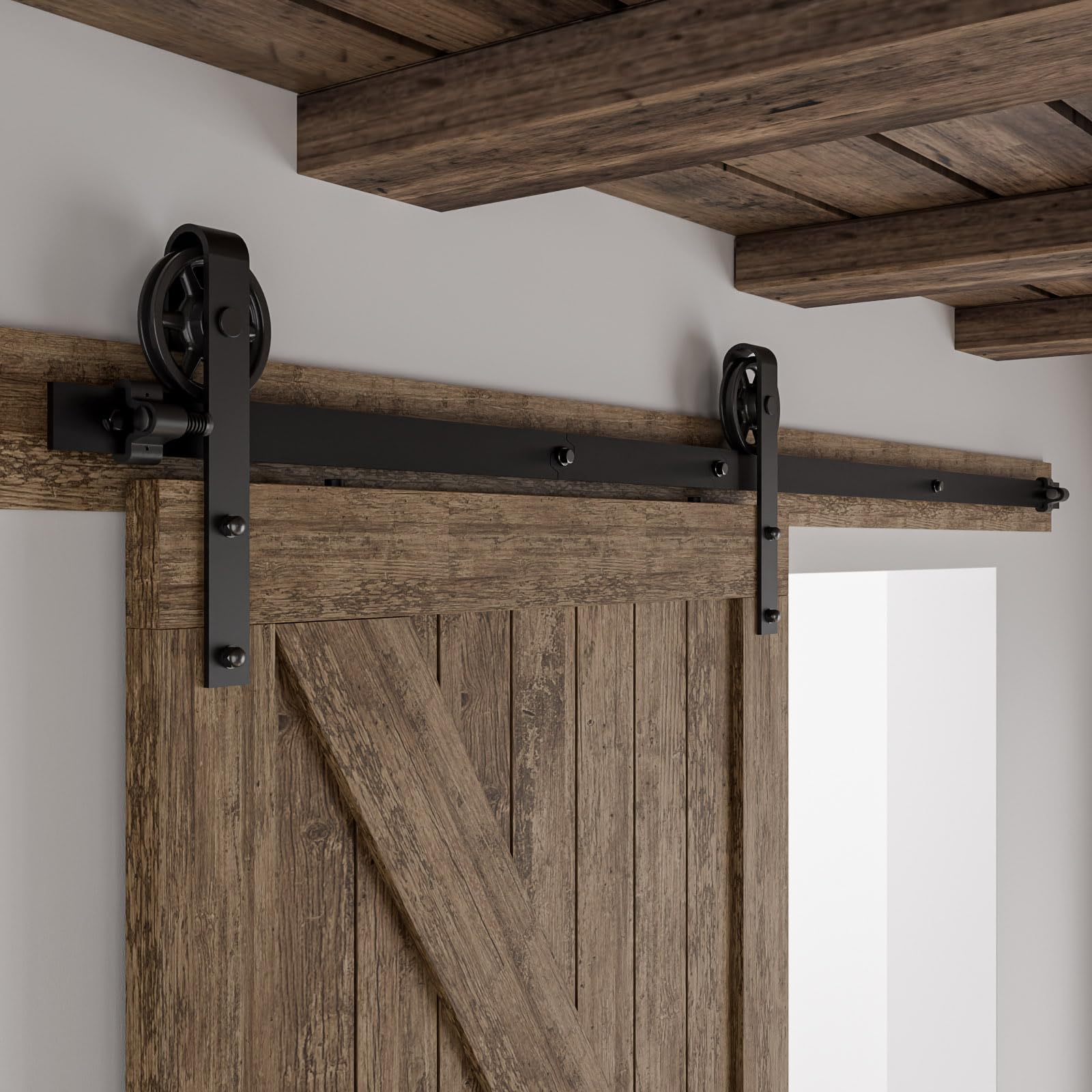 BONIKLUBA ‎6.6FT/203CM Sliding Barn Door Hardware Track Kit for Single Door Less 101cm Wide (Spoke Wheel J Hangers)