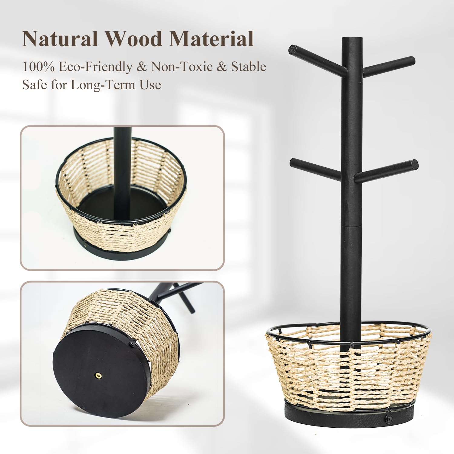Soporte para tazas de madera con cesta tejida, 6 ganchos, soporte para tazas de café, árbol de taza de encimera para encimera de cocina, gabinete, accesorios de cafetería, organizador de exhibición de