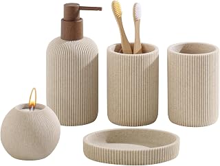 Bathroom Accessories Set, 5 PCS Sandstone Look Modern Bath Organizer with Soap Dispenser, Toothbrush Holder, Tumbler, Soap Dish, Cotton Swab Holder for Countertop Kitchen Sink (Beige)