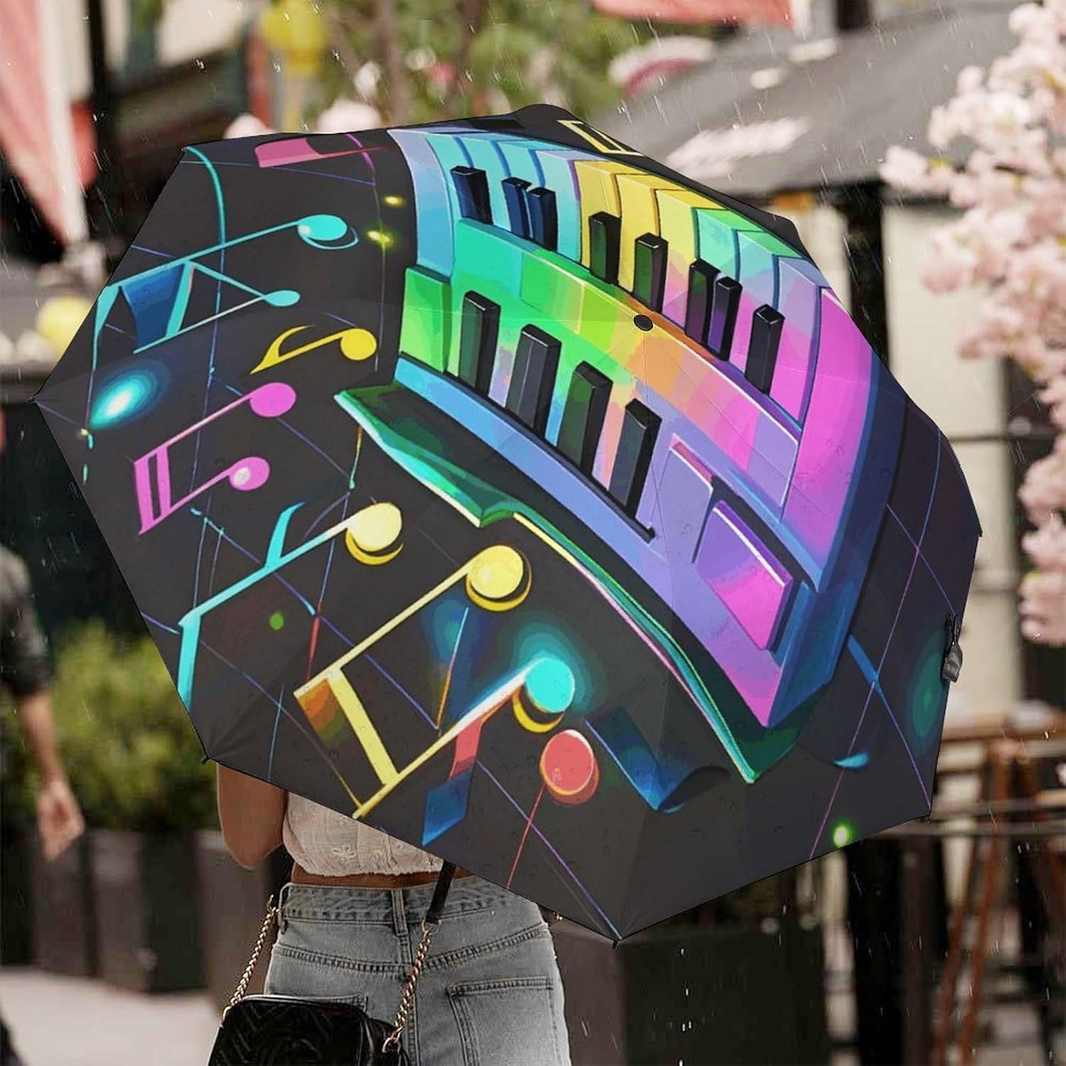 Colorful Piano Keyboard Music Note Golf Umbrellas-2 Fold Automatic,Windproof Umbrella with Portable,Strong,Folding Umbrella for Women Men