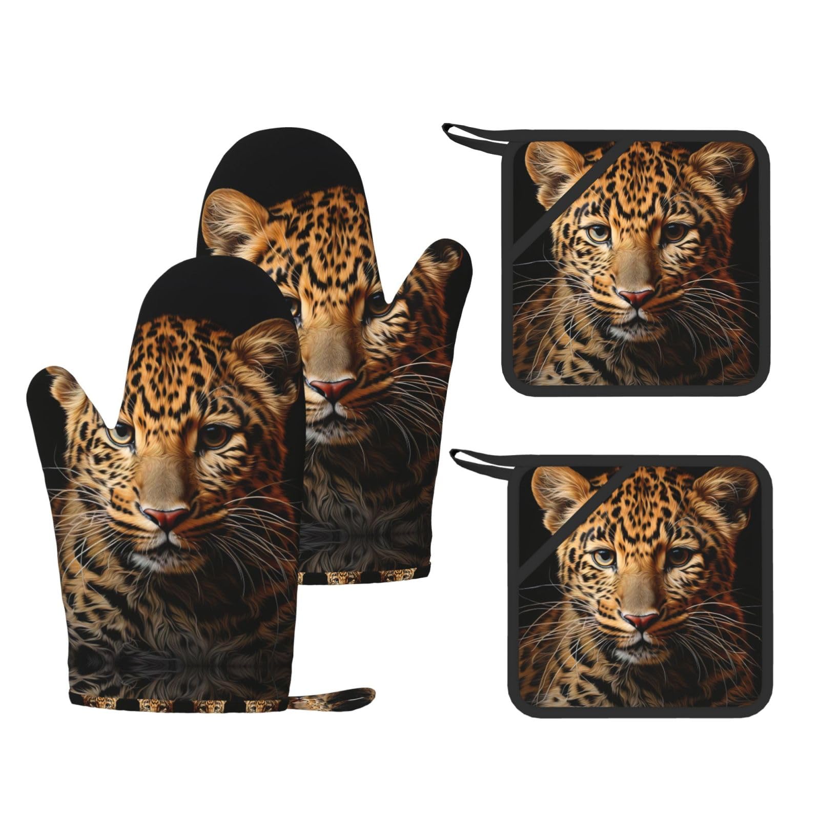 Leopard Print Printed Pot Holders and Oven Mitts 4-Piece, Non-Slip Kitchen Gloves with Utensil Pocket for BBQ