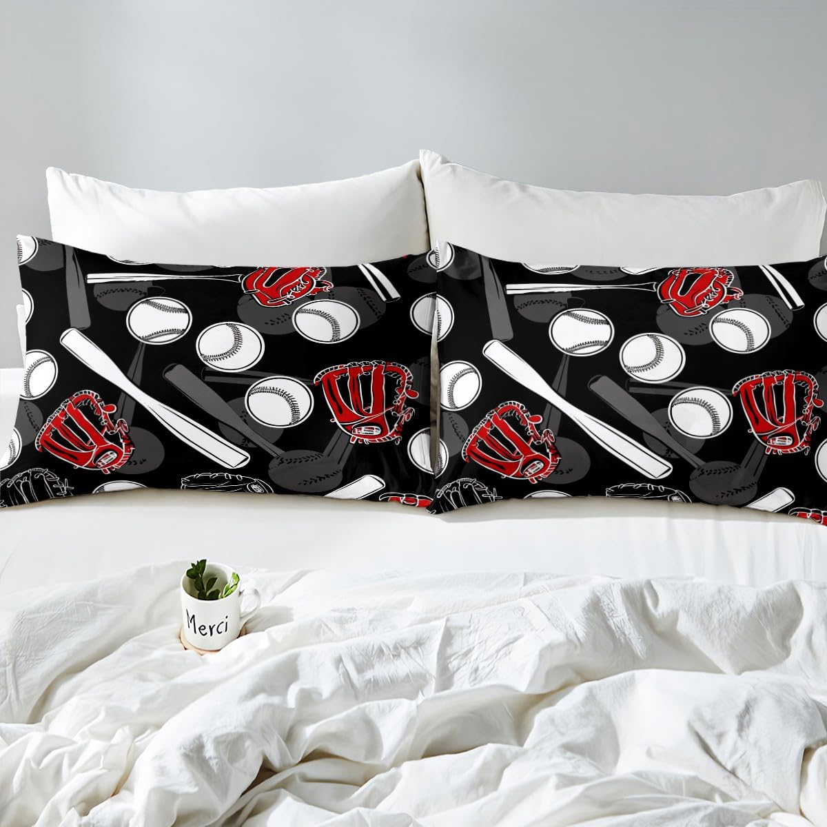 Erosebridal Baseball-Bettlaken King Size Softball Bettlaken Set Sportschläger für Kinder Jungen Teens Herren Ballspiel Spannbetttuch Rot und Schwarz Bettwäsche Set Bettlaken 4-teilig Bettlaken