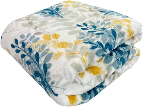 Miniatura 4 de Manta de forro polar floral botánico aterciopelado suave, acento duradero para cama o sofá hojas verde azulado y amarillo, 50 x 70 pulgadas