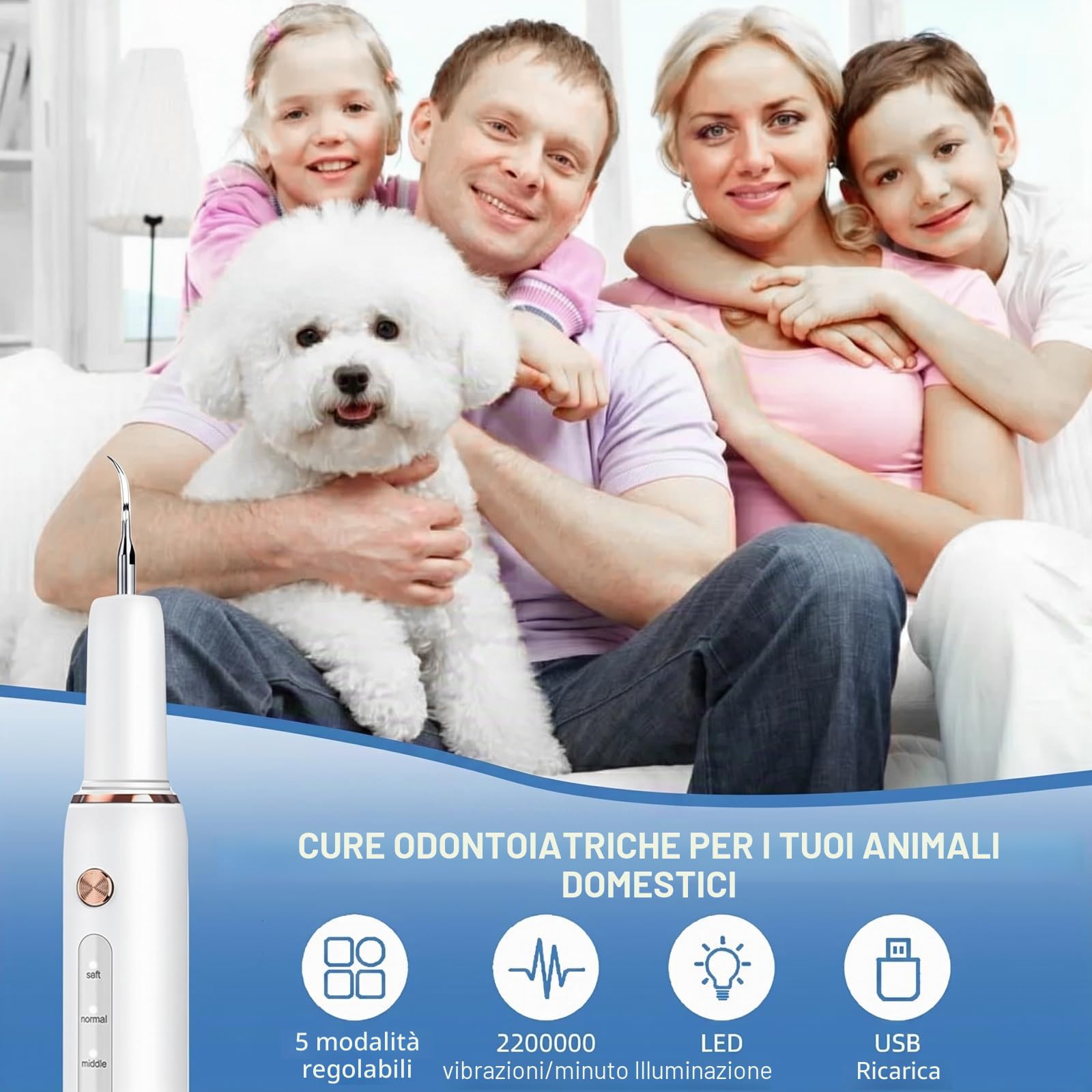 Rimozione del tartaro ad ultrasuoni Kit di pulizia dentale ad ultrasuoni per cani pulitore dentale per animali domestici 5 modalità regolabili per gatti strumenti di pulizia dei denti rimozione del