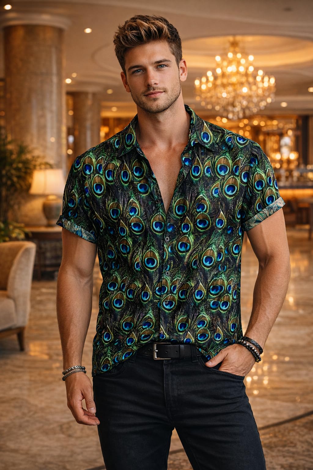 men's latest premium peacock feather print stretchable fabric half sleeve digital printed slim fit cut away collar casual shirt