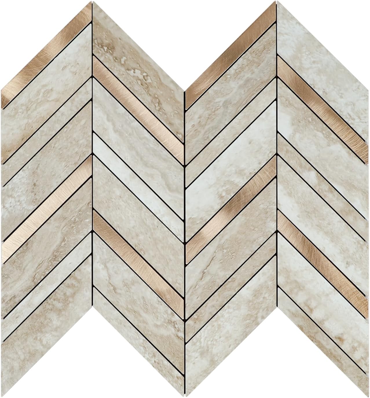 Herringbone Peel and Stick Backsplash Tiles, 6 Sheets Dark Beige Mixed Metal Gold Wall Tile, Chevron Real Stone Look Self Adhesive Tiles for Kitchen (10.03" x 11.85", 5.07 sq.ft)