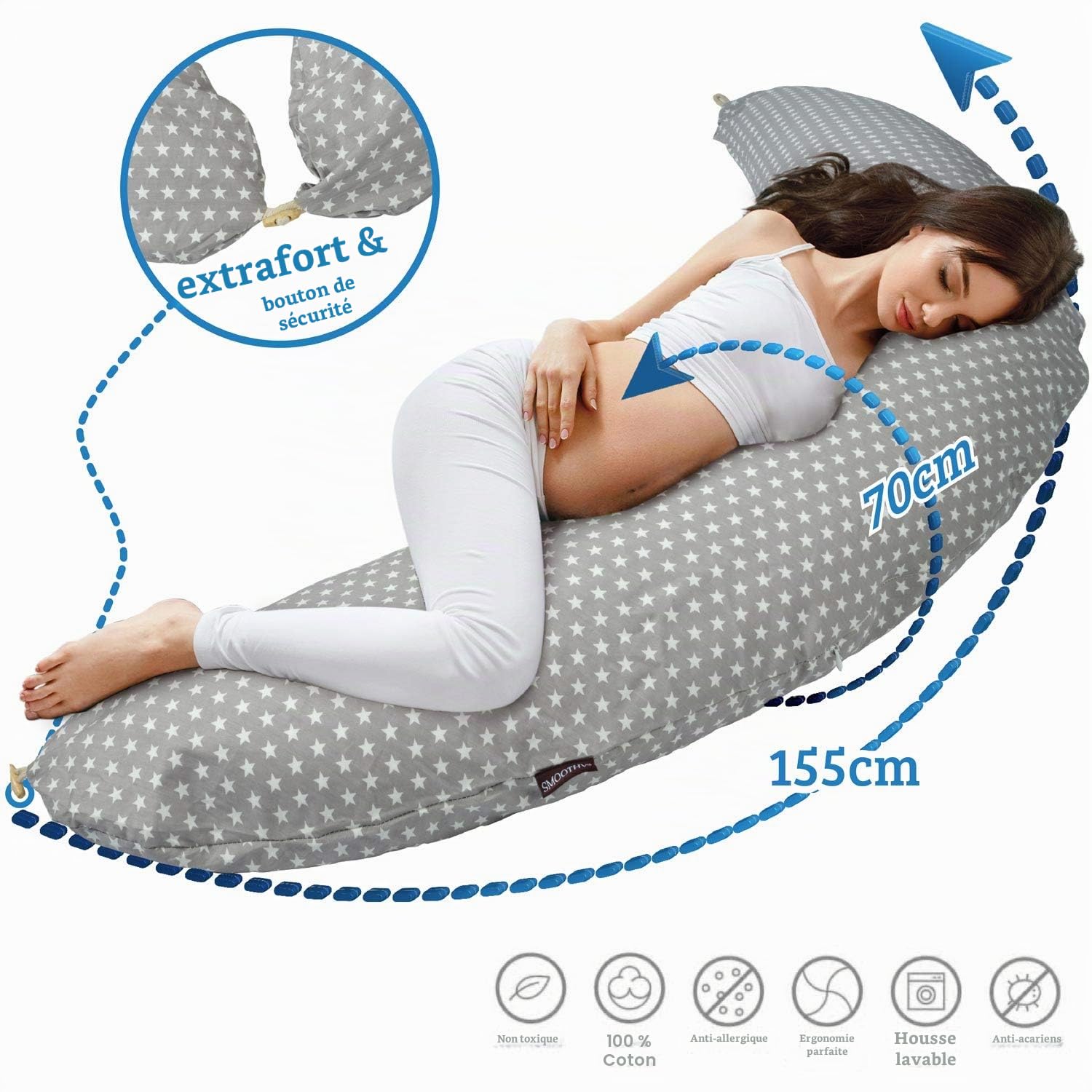 Coussin d'allaitement SMOOTHY pour Grossesse et Sommeil latéral Mère Bébé Gris